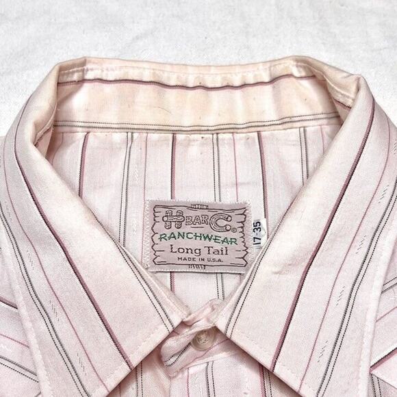 H Bar C Ranchwear Vintage 70s Long Tail Pearl Snap Shirt Pink Striped Mens 17-35 - Picture 2 of 6